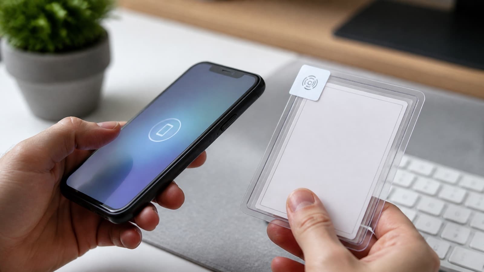 Tapping a smartphone to scan an NFC Smart Tag on a card sleeve