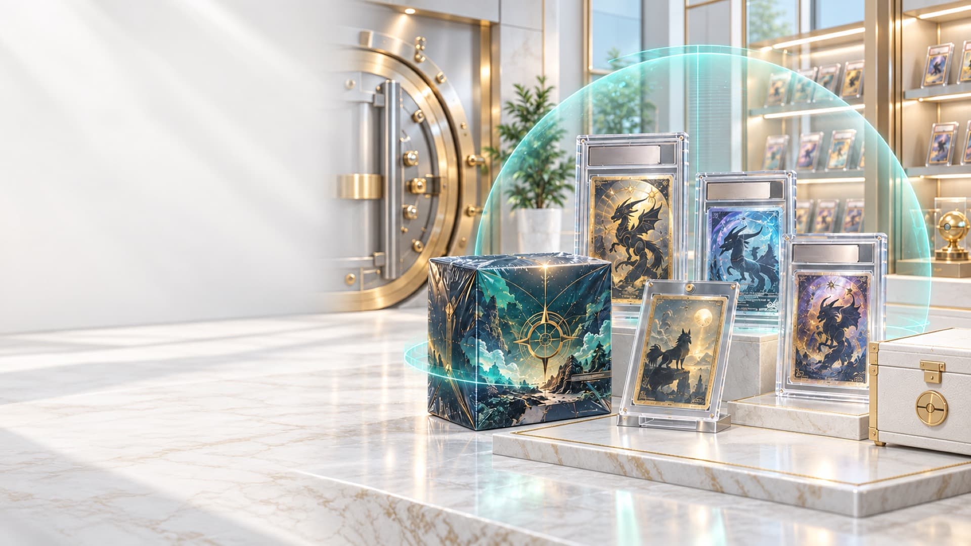 Graded slabs and sealed product secured in a vault display case under a protective glow