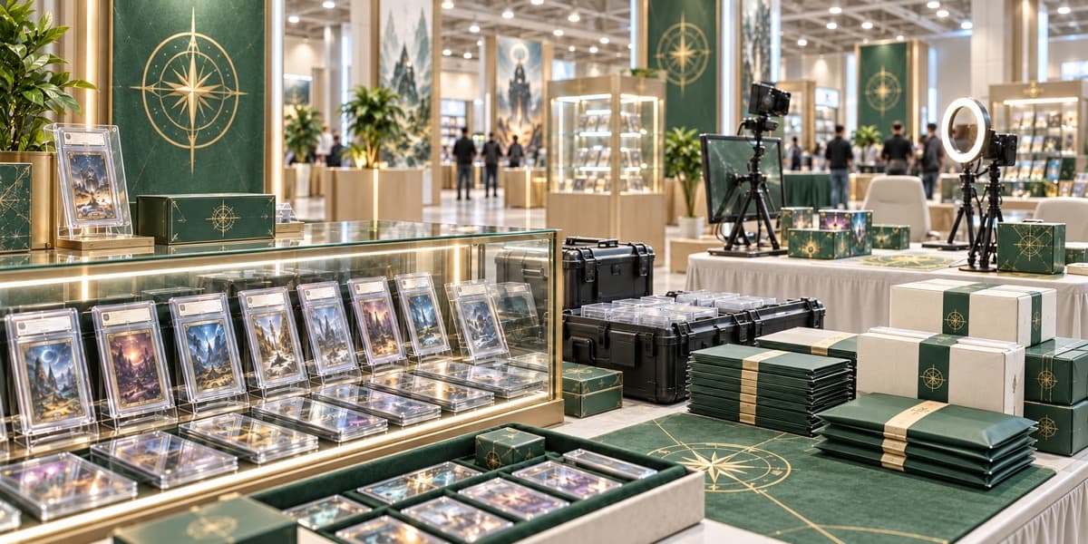 A dealer's booth of high-value cards at a convention, ready to ship