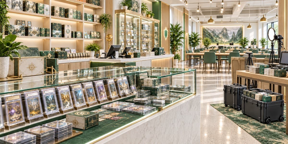 A brick-and-mortar card shop with display cases and inventory behind the counter