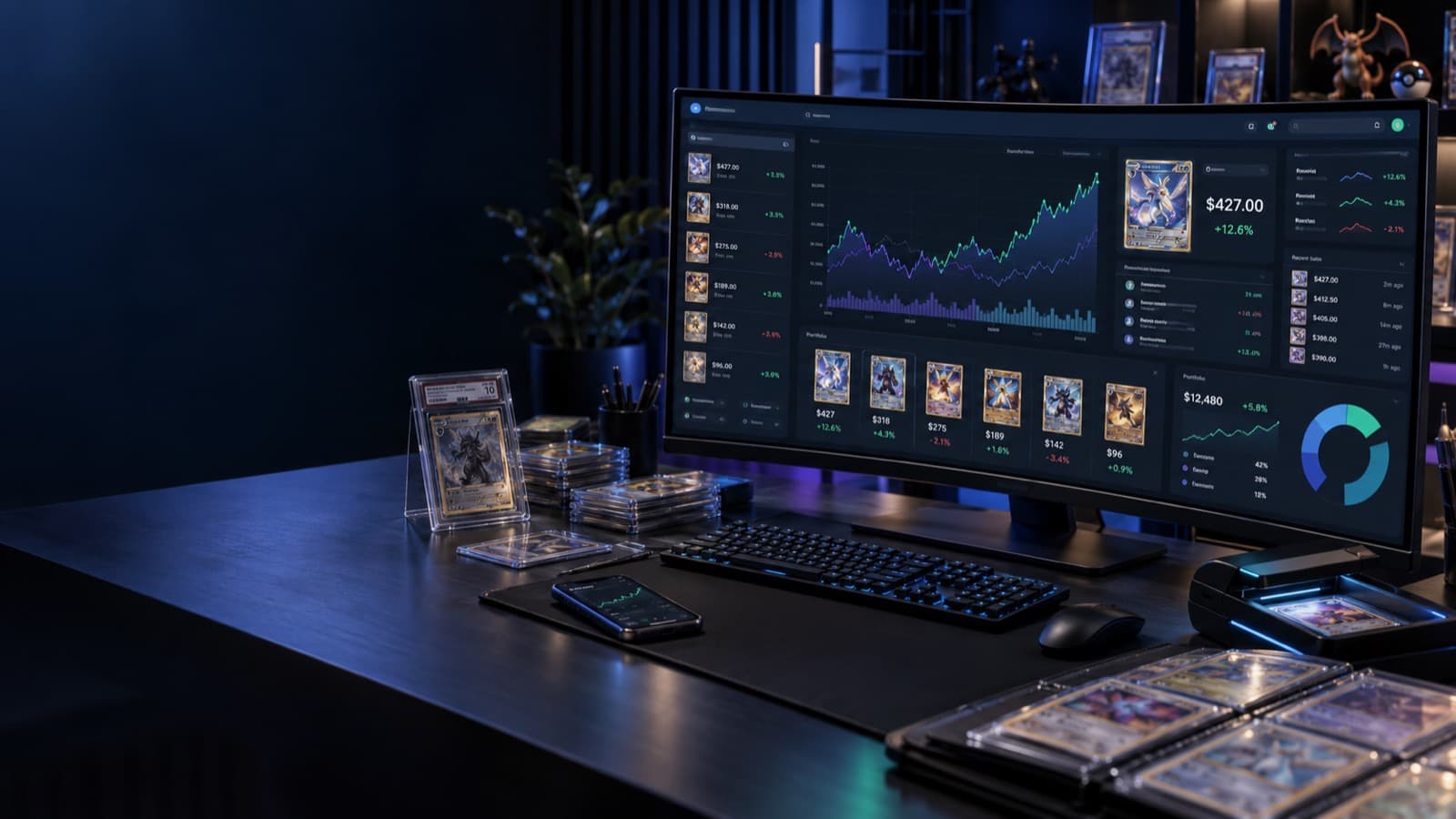Poke-Trade real-time price terminal on a collector's desk — live charts, market values, and portfolio value alongside graded cards