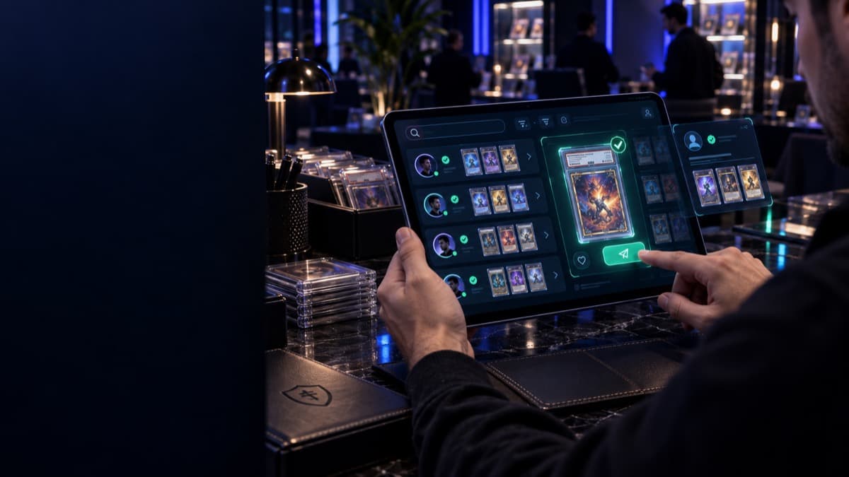 Browsing traders and their card collections on a tablet to find a trade