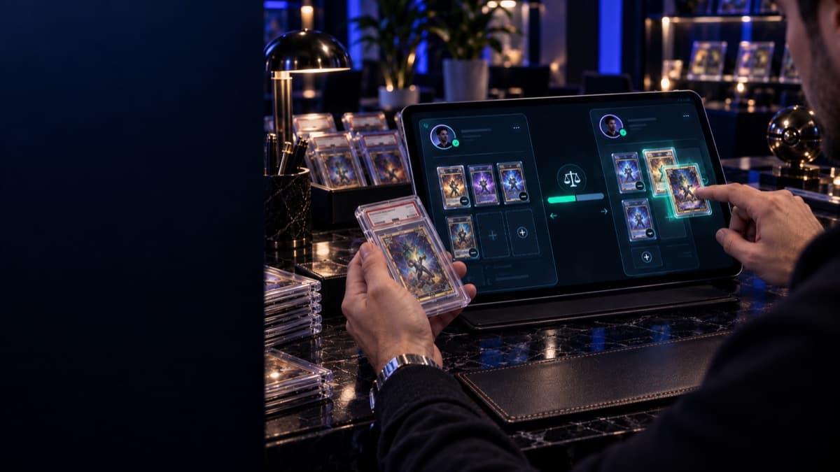 Building a two-sided trade offer on a tablet, adding cards to each side